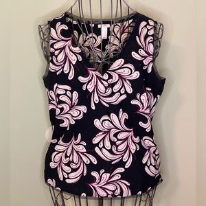 Black Print Sleeveless Blouse with Sheer Trim